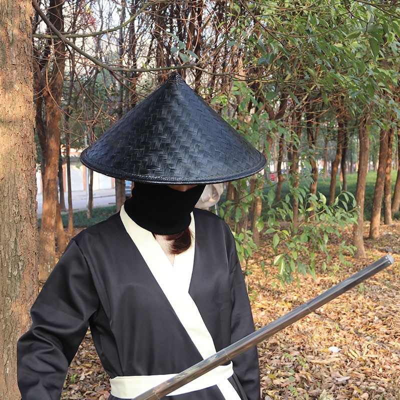 遮阳帽舞蹈道具竹编斗笠帽侠客帽子蓑衣帽影视拍摄道具复古黑色竹帽