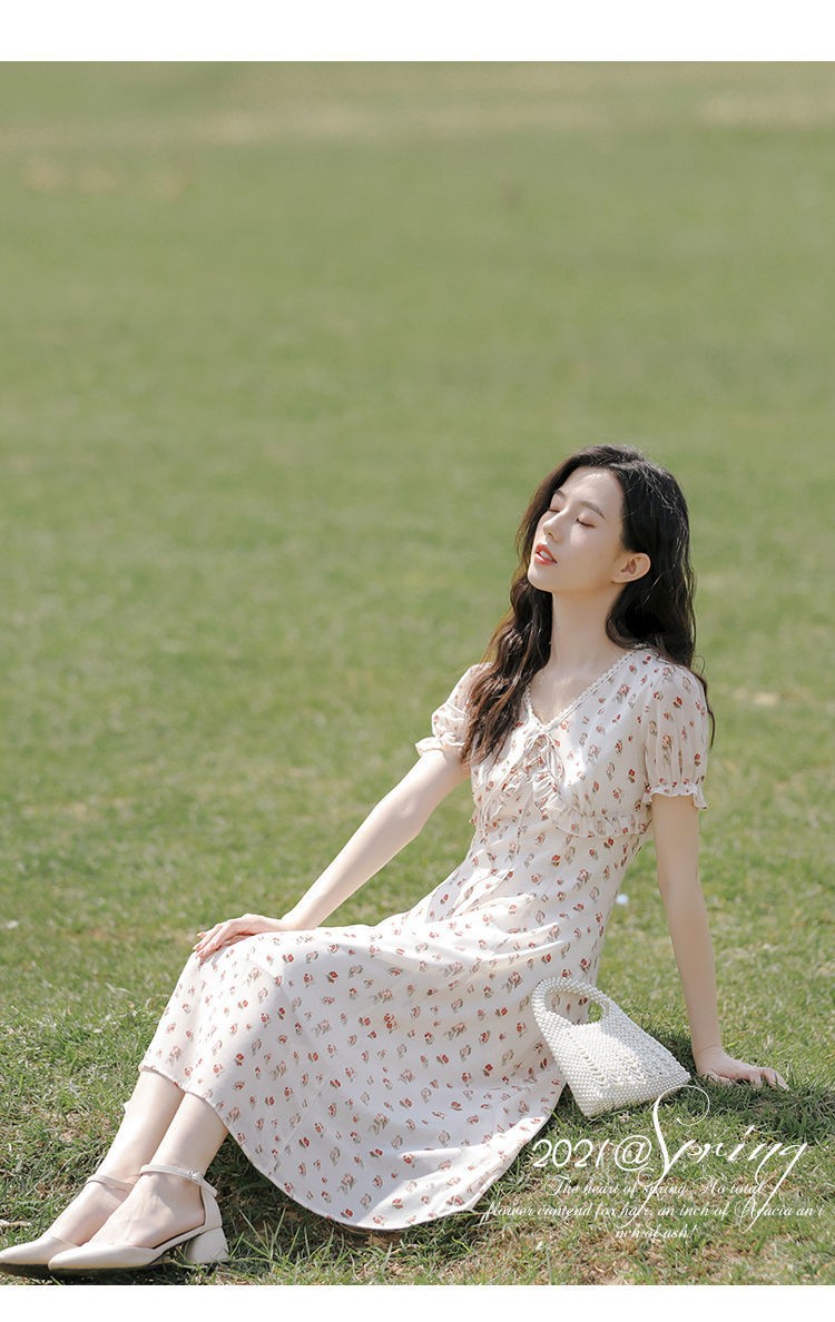 温柔风初恋裙泡泡袖法式甜美仙女裙雪纺碎花裙子中长裙杏色l105115斤