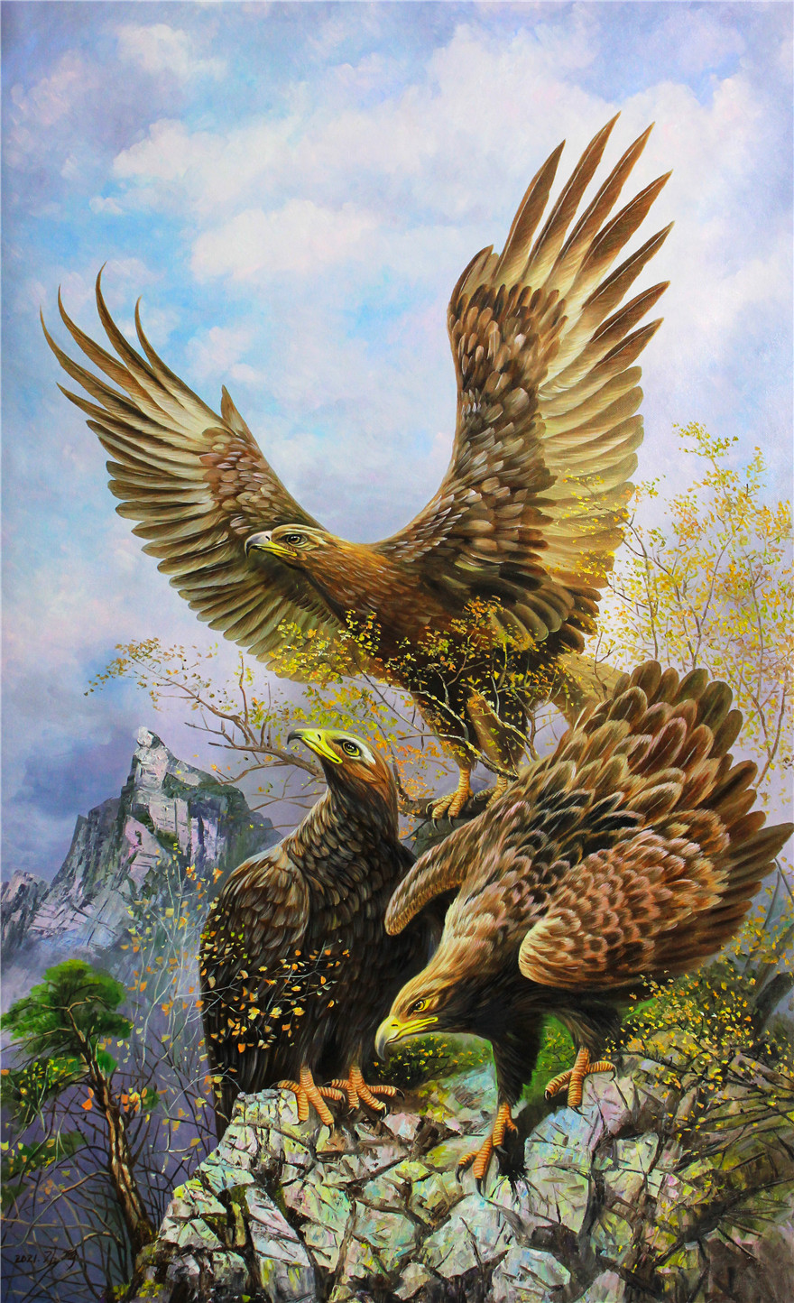 朝鲜一级画家 金赫 《鹰》动物油画 装饰7083