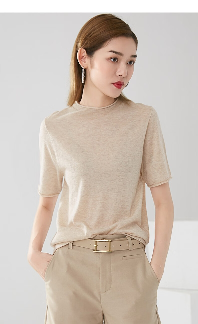 晚白新款时尚通勤纯色休闲百搭短袖简约薄t袖女杏色xl