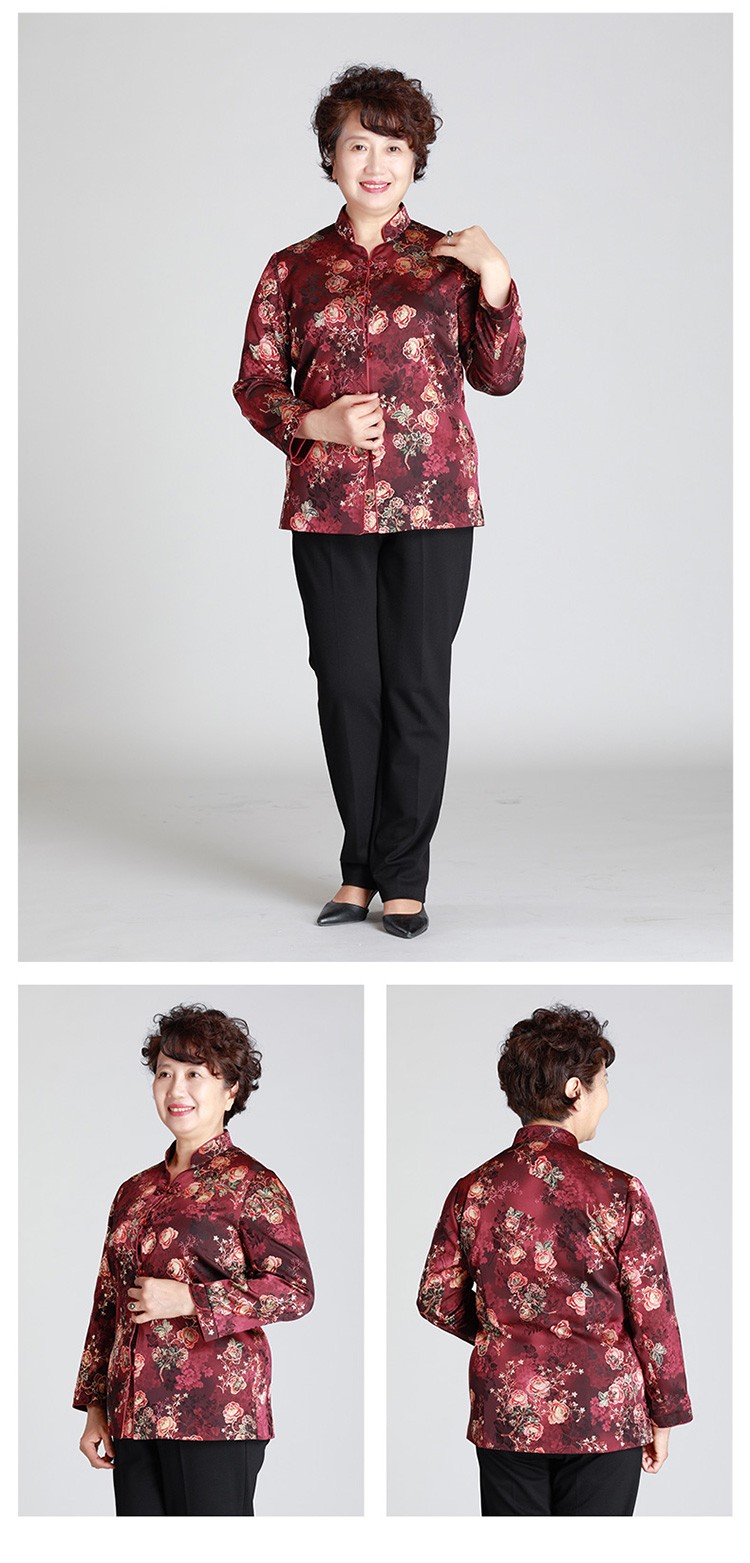 老美华春秋款中老年女装时尚印花女上衣老人衬衫长袖女装紫色4xl