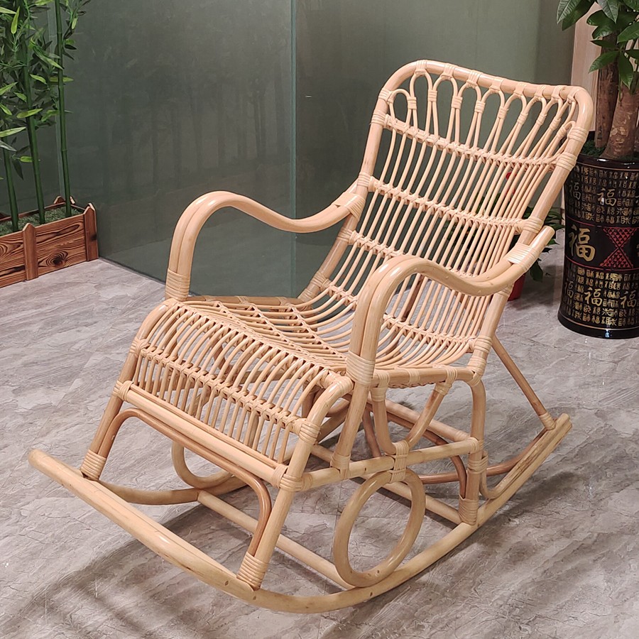 家用阳台庭院休闲椅北欧网红ins日式真藤摇椅原色全藤摇椅茶几含玻璃