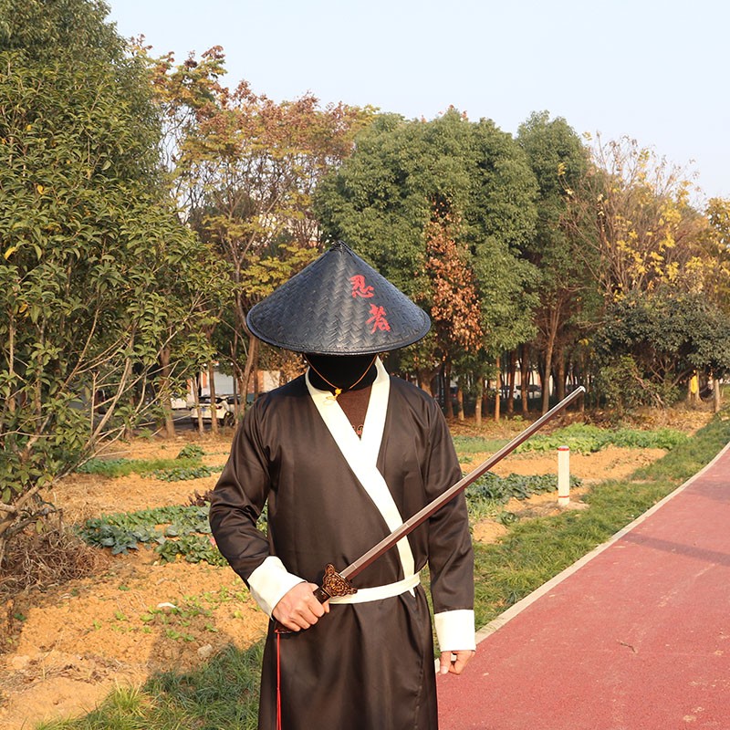 遮阳帽舞蹈道具竹编斗笠帽侠客帽子蓑衣帽影视拍摄道具复古黑色竹帽