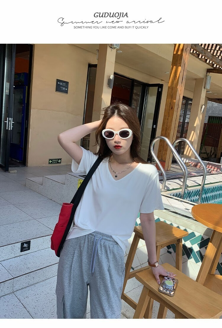 静鹿2件装凉感莫代尔t恤女夏装短袖2023年新款宽松纯色上衣薄款黑白xl