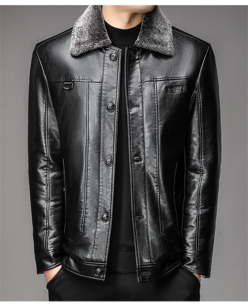 卡帝乐鳄鱼秋季皮衣男中年男士商务休闲立领爸爸装皮夹克加绒加厚软皮