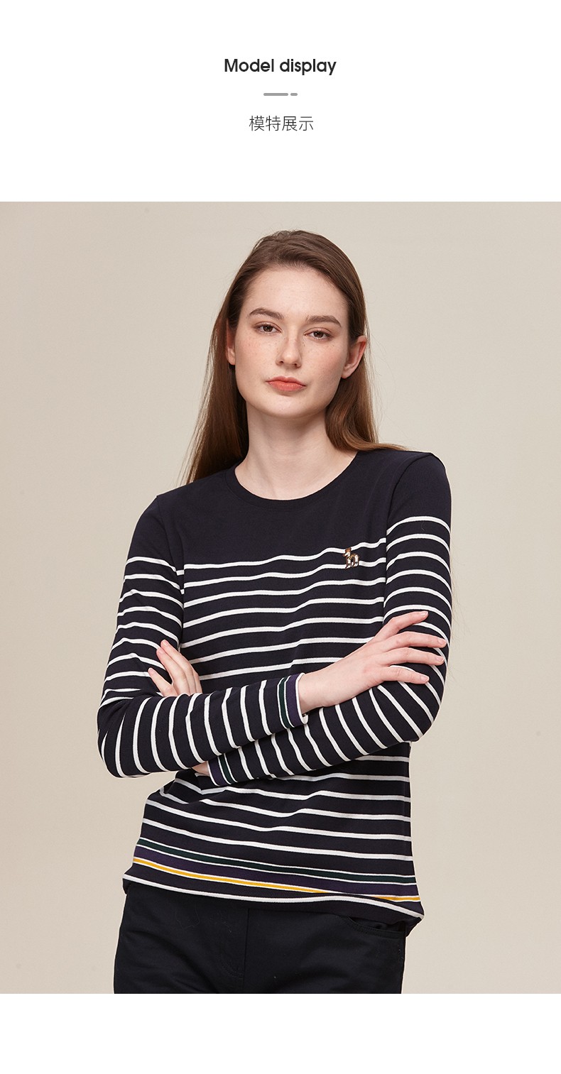 【商场同款】哈吉斯hazzys 秋季新款t恤女条纹休闲长袖t恤abtse09ce01