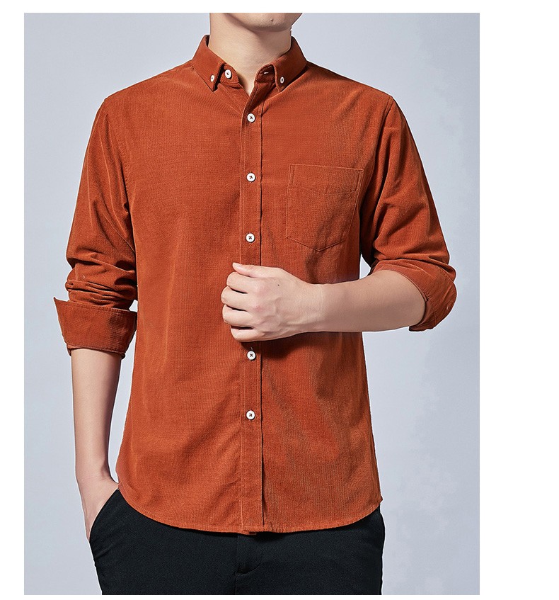 罗蒙纯棉长袖衬衫男士秋冬灯芯绒加厚长袖外套休闲宽松中青年男装衬衣