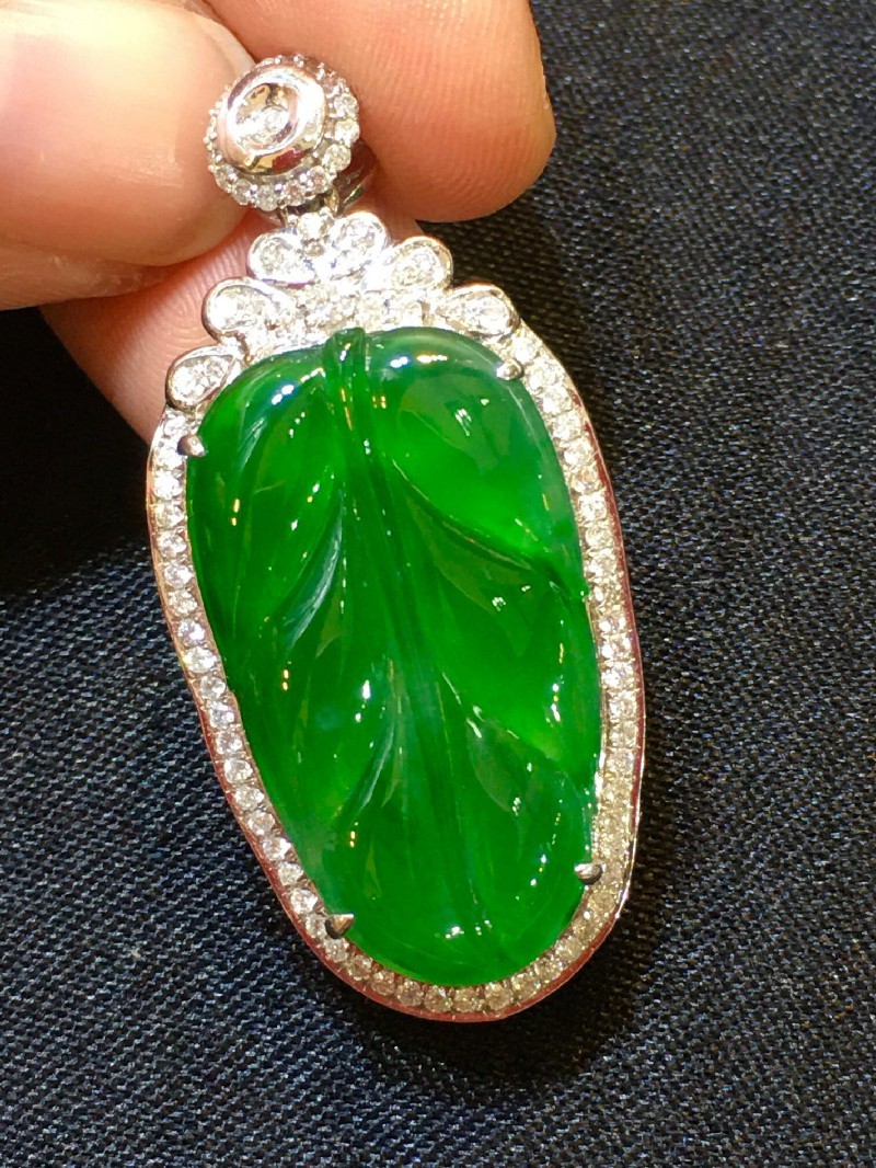 绿翠天成 翡翠冰种辣绿树叶叶子吊坠 冰种翡翠缅甸天然a货玉石平安玉