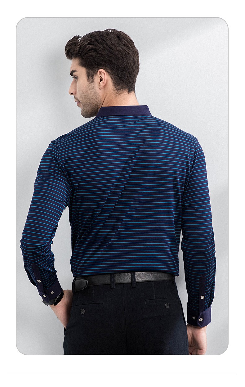 浪登男装翻领长袖t恤丝光棉2021新款中年上班休闲纯棉条纹体恤蓝色l