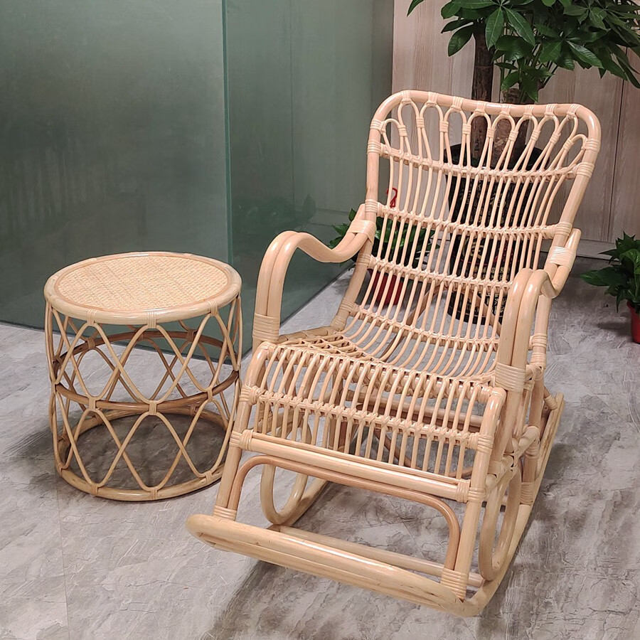家用阳台庭院休闲椅北欧网红ins日式真藤摇椅原色全藤摇椅茶几含玻璃