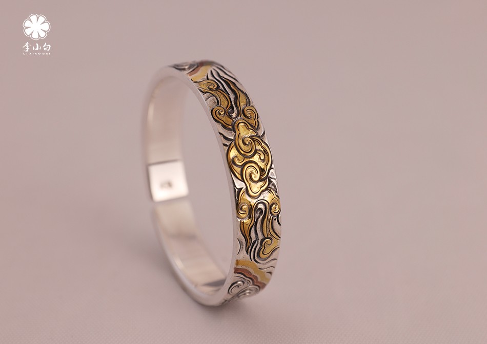 李小白 银手镯 9999银饰品 纯手工制作 刻花手镯 大师刻花手镯 65克