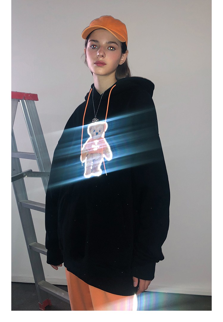 lilbetter小熊男士卫衣宽松卡通帽衫美式复古上衣反光印花卫衣lb 黑色