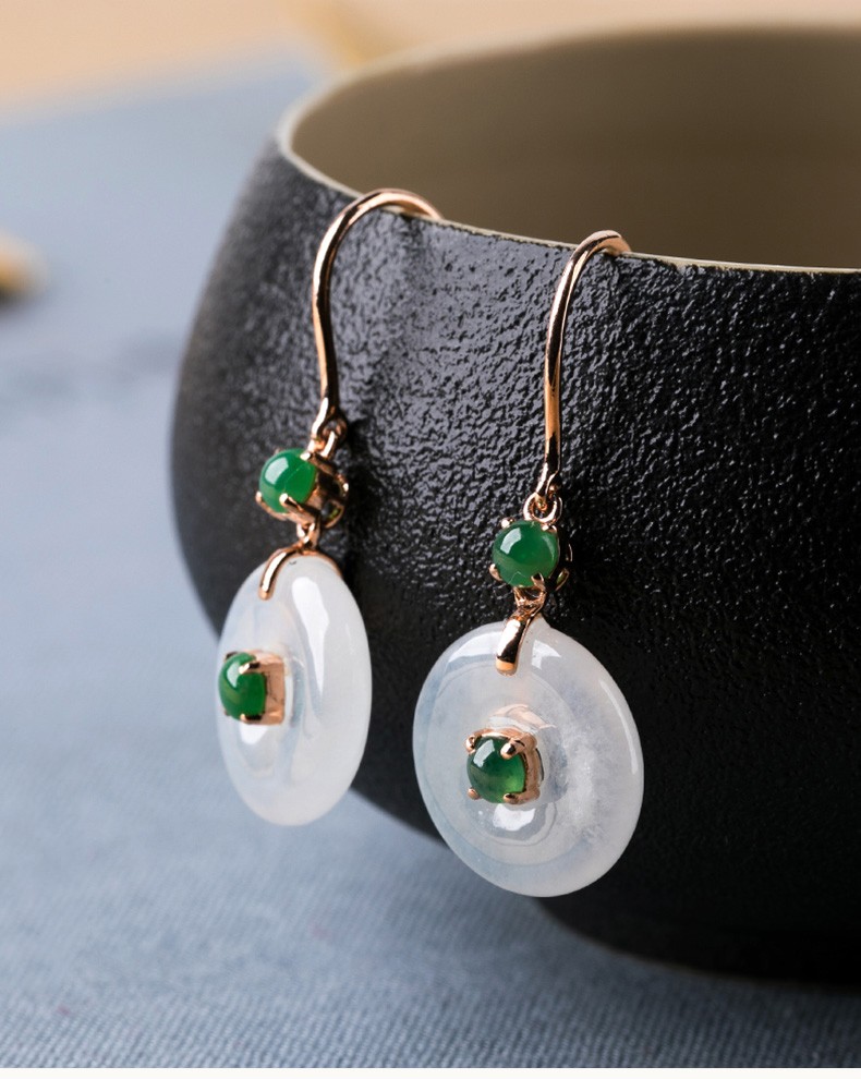 嘉保玉翡翠平安扣耳坠女18k金耳钉翡翠耳钩冰种翡翠平安扣耳钉耳饰