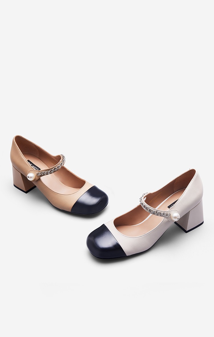 ninewest玖熙春夏款法式玛丽珍鞋方圆头粗跟珍珠链条撞色通勤漆皮女鞋