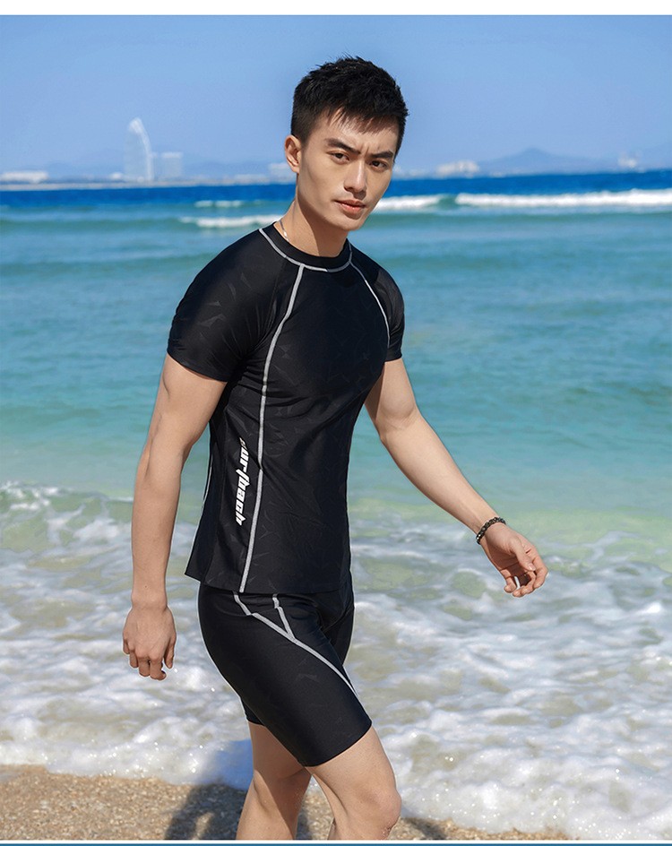 浩恋游泳衣男士泳衣新款短袖五分裤套装成人分体学生保守泳衣男大童