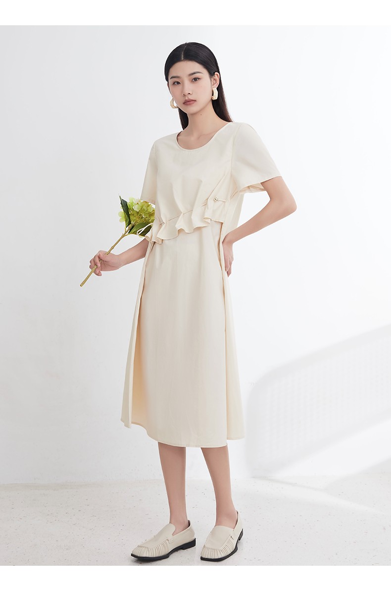 商场同款thesealife欧海一生女装纯色荷叶装饰连衣裙7507黑法师s