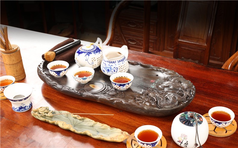 玺翰雅端砚茶盘茶海石头茶台天然梅花坑手工雕刻排水茶盘珍贵天然石眼