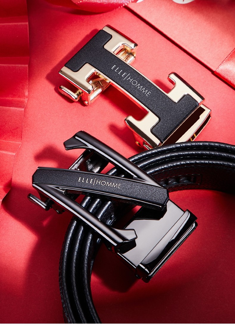 法国ellehomme双扣皮带男真皮自动扣腰带纯牛皮裤带礼盒装115130cm