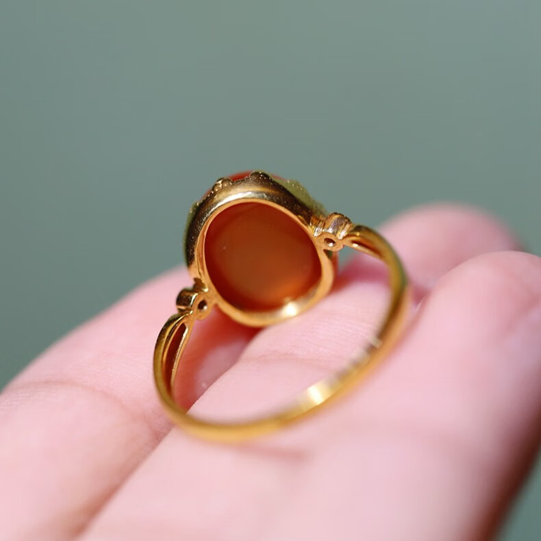 楚饰玉18k黄金镶嵌冰飘南红圆蛋面戒指简镶女款玛瑙戒圈指环苏工