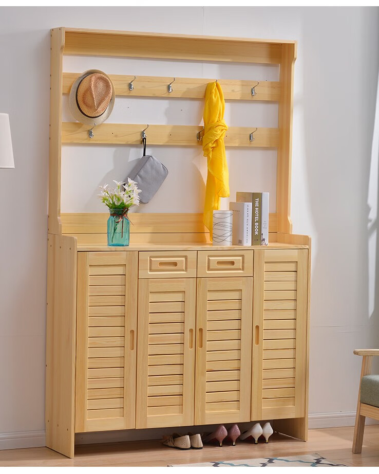 森美华鑫 实木田园百叶门鞋柜带衣架一体现代简约松木家用门口衣帽柜