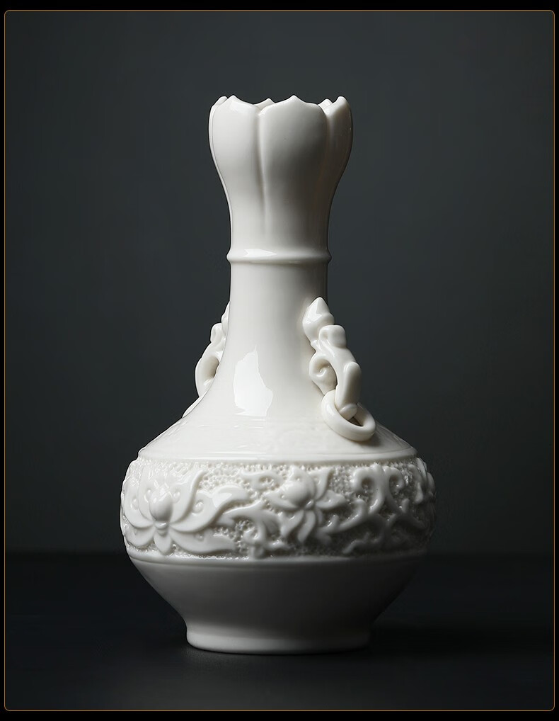 戴玉堂 双耳玉莲瓶大师手工德化白瓷花瓶 办公室居家客厅电视机柜装饰