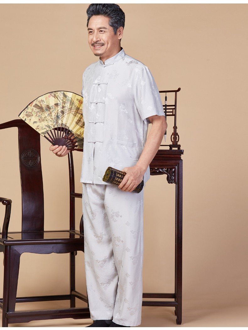 eopn品牌唐装男中国风爸爸装夏季休闲薄款真丝衬衫套装中老年人唐装