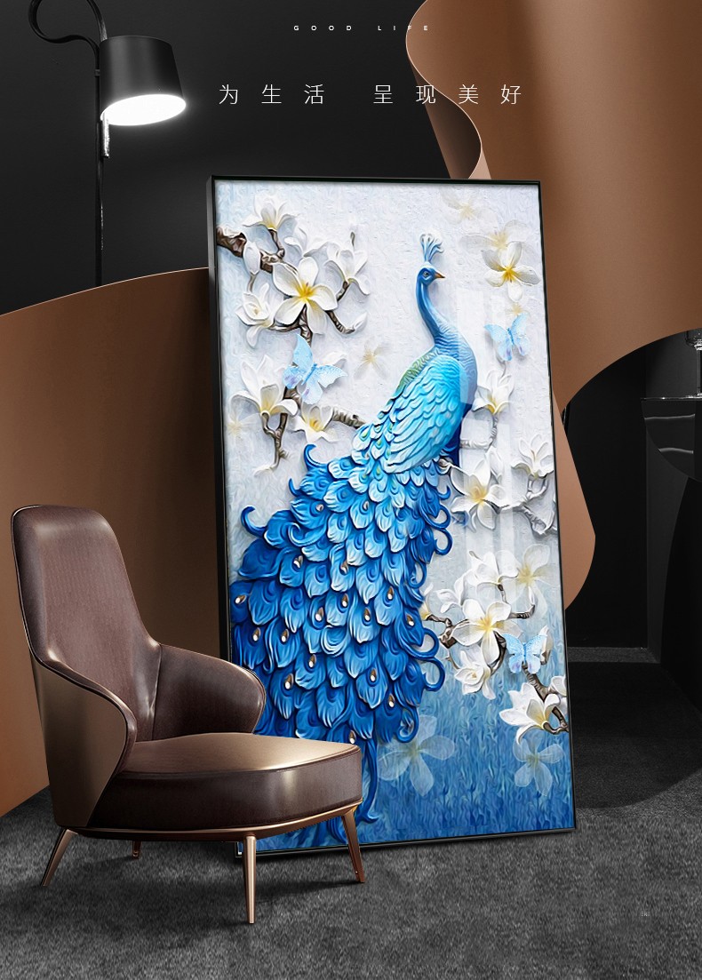 匠艺承玄关装饰画轻奢镶钻晶瓷画现代简约孔雀玄关画走廊过道挂画客厅