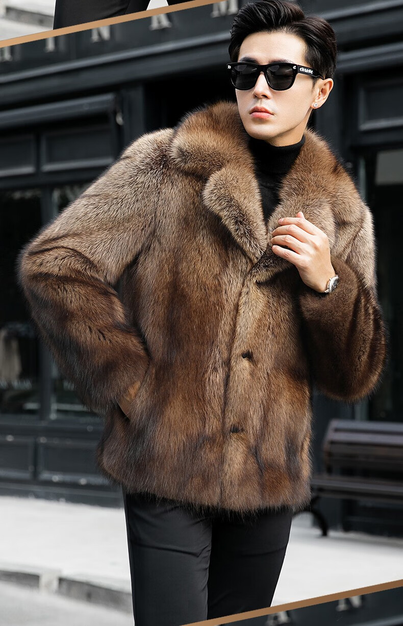 诗柏美 进口渔貂整貂皮草男士天鹅绒进口裘皮西装领中长款潮流保暖