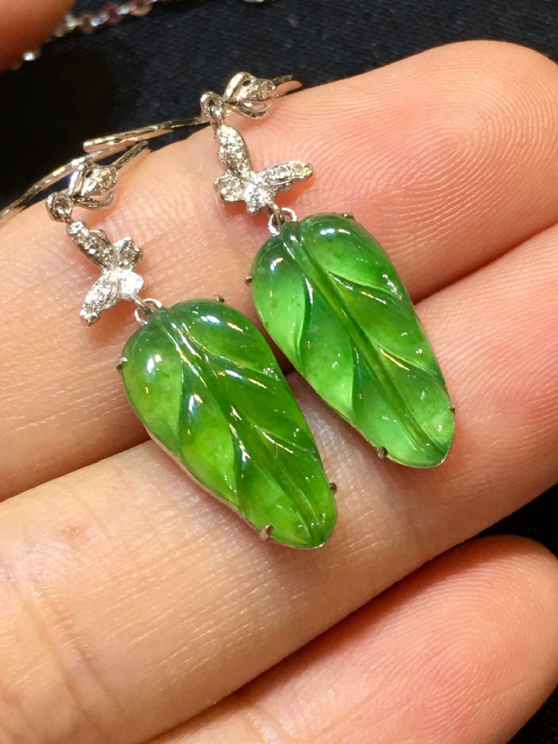 绿翠天成 女士翡翠满绿叶子树叶耳钉耳饰 18k金镶嵌珠宝首饰耳坠缅甸