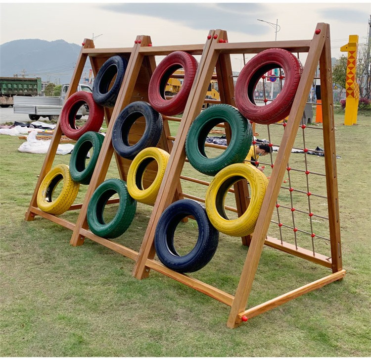 幼儿园户外木质攀爬架儿童蜘蛛网攀岩墙轮胎感统体能训练器材搭配六面