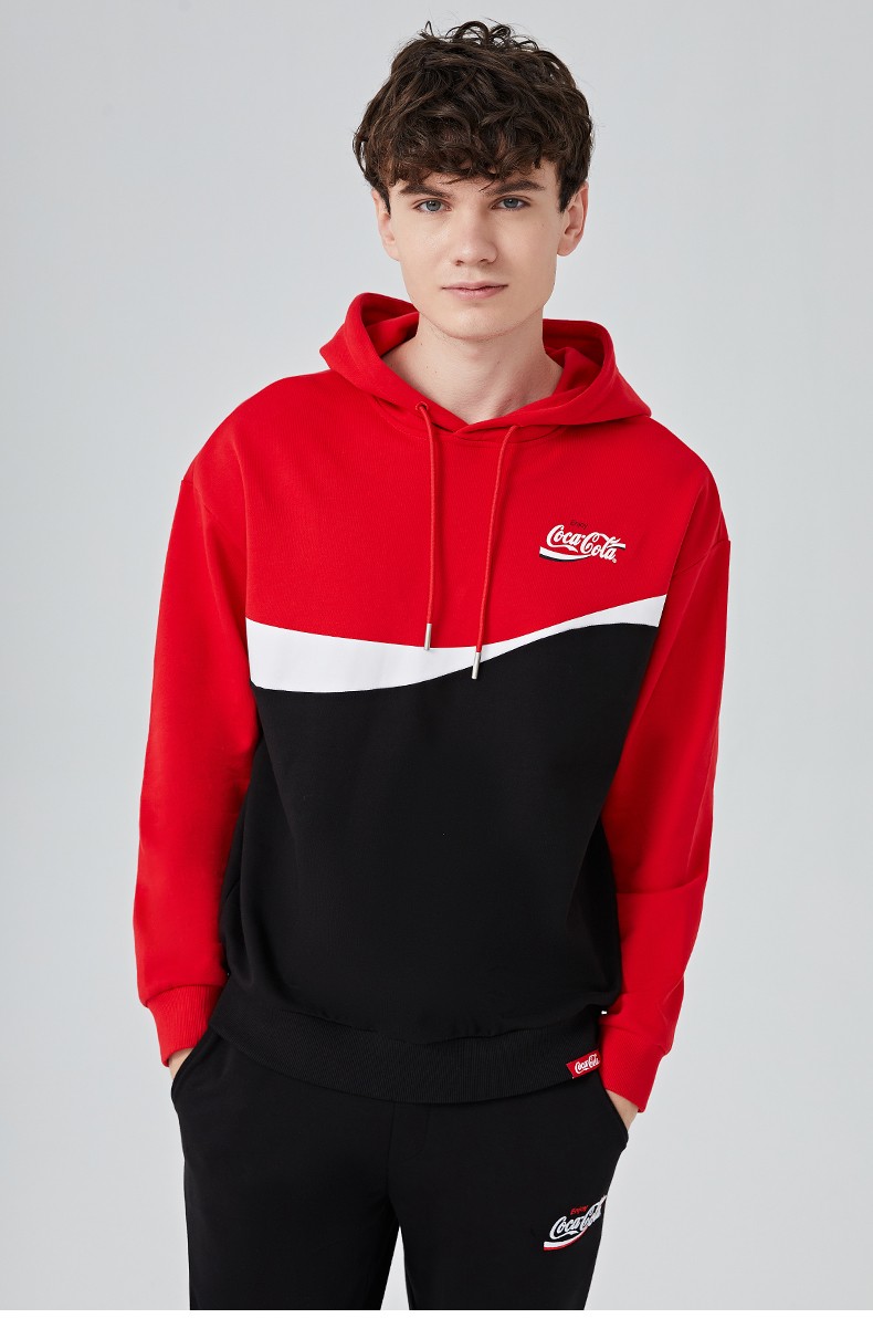 cocacola可口可乐官方连帽卫衣男飘带拼接潮流宽松套头帽衫绿黑撞色s