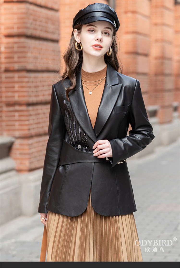欧迪鸟odybird品牌女装真皮皮衣女2021秋季新款绵羊皮时尚绣花常规款
