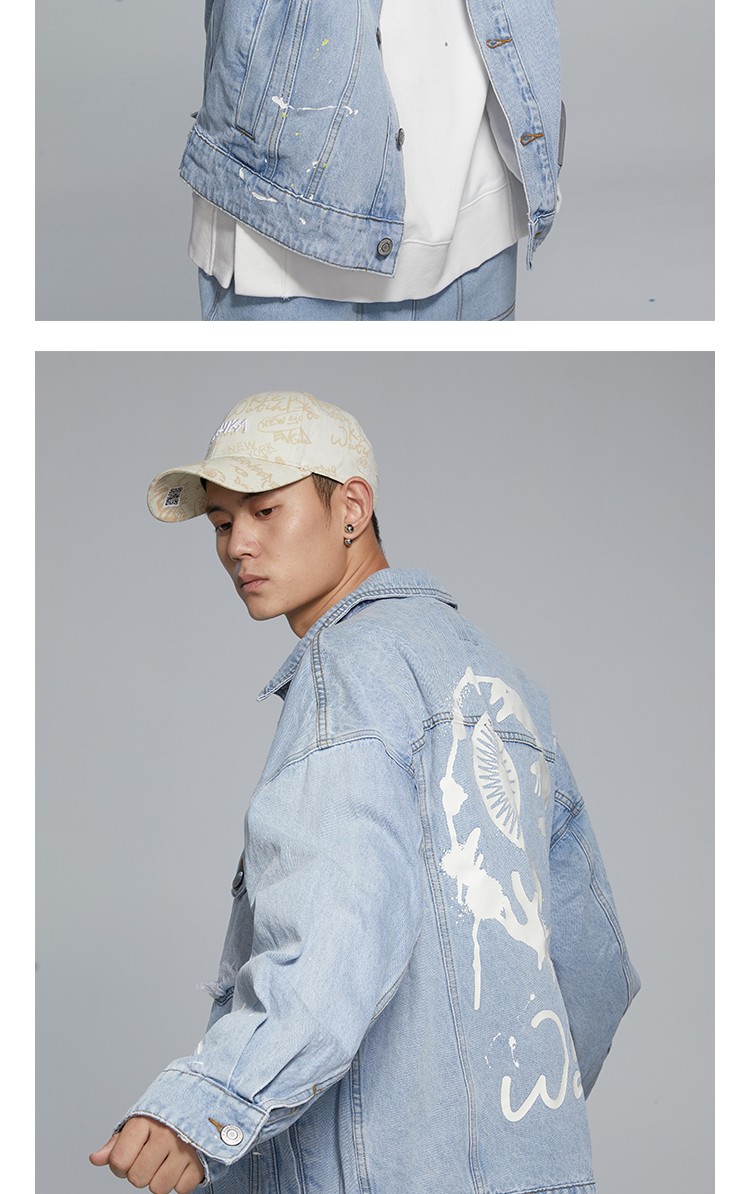 mishkanyc大眼球潮牌2021秋冬新款牛仔外套男眼球logo印花夹克外套浅