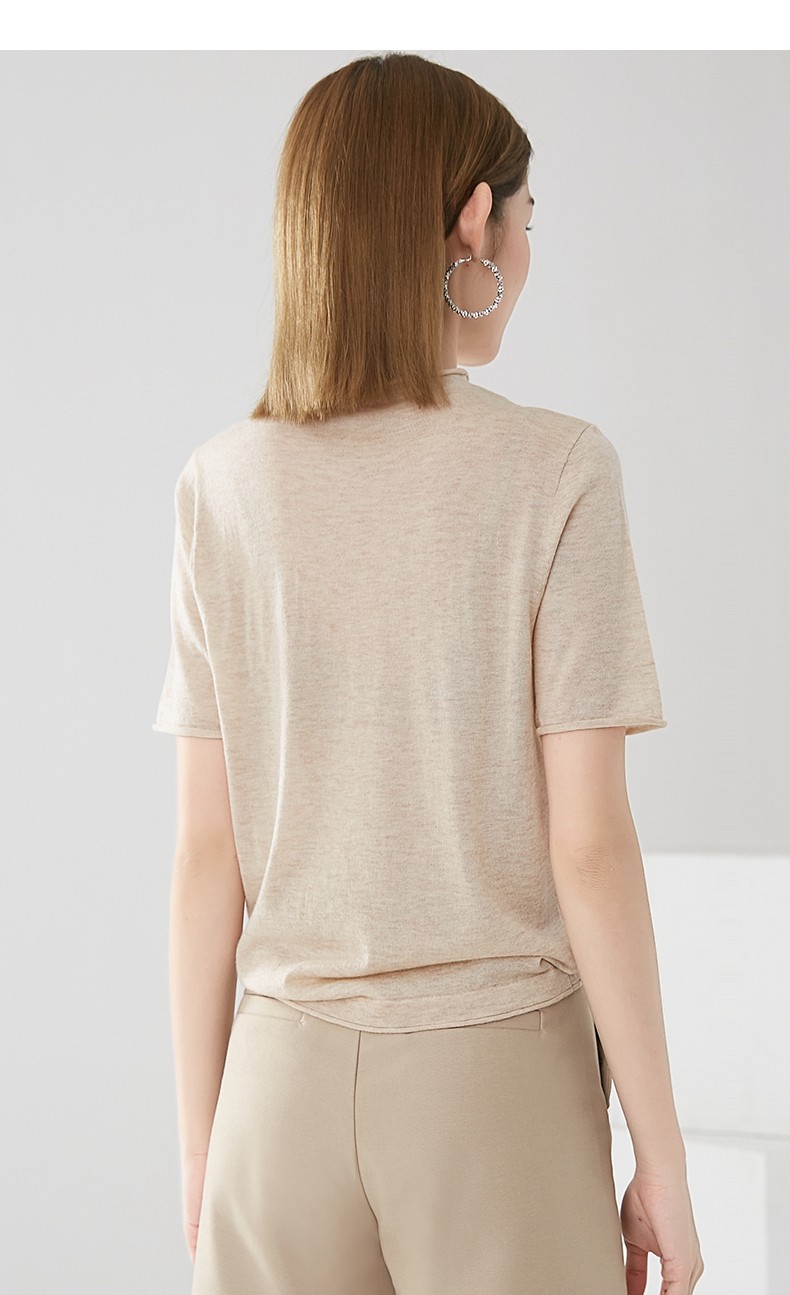 晚白新款时尚通勤纯色休闲百搭短袖简约薄t袖女杏色xl