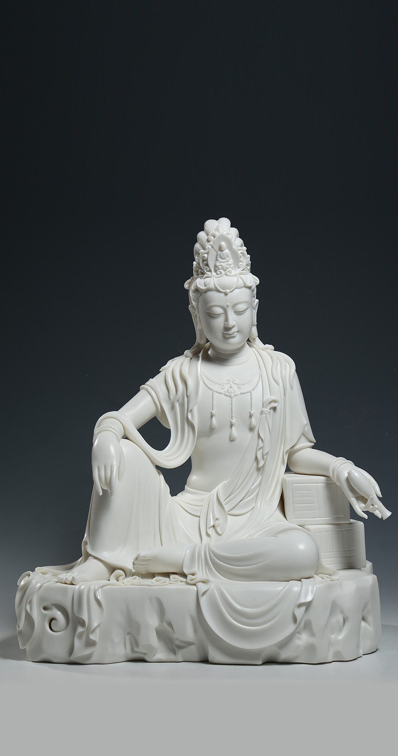 微美陶瓷高白瓷16吋坐石自在观音白瓷自在观音菩萨佛像摆件坐石自在
