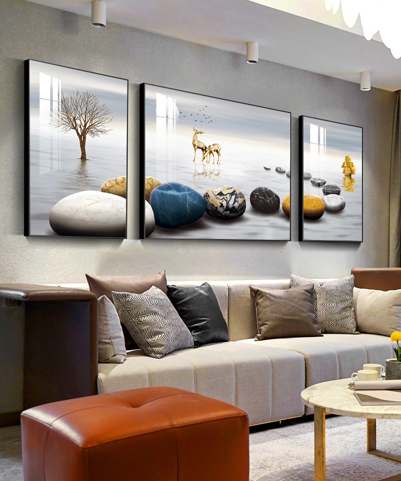 森笛客厅装饰画晶瓷镶钻现代简约沙发背景墙挂画大气轻奢三联画壁画时