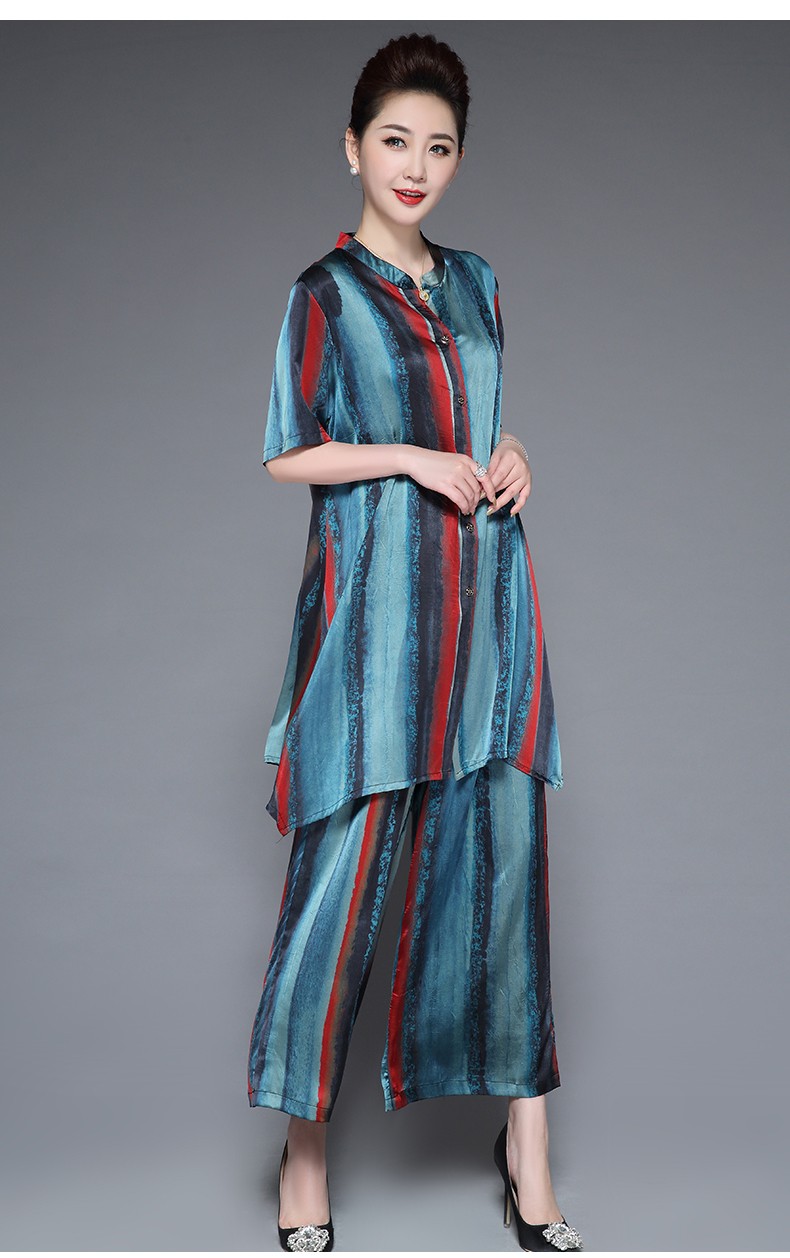 真丝套装上衣休闲九分裤阔腿裤竖条纹两件套新款套装洋气显瘦t恤裤子