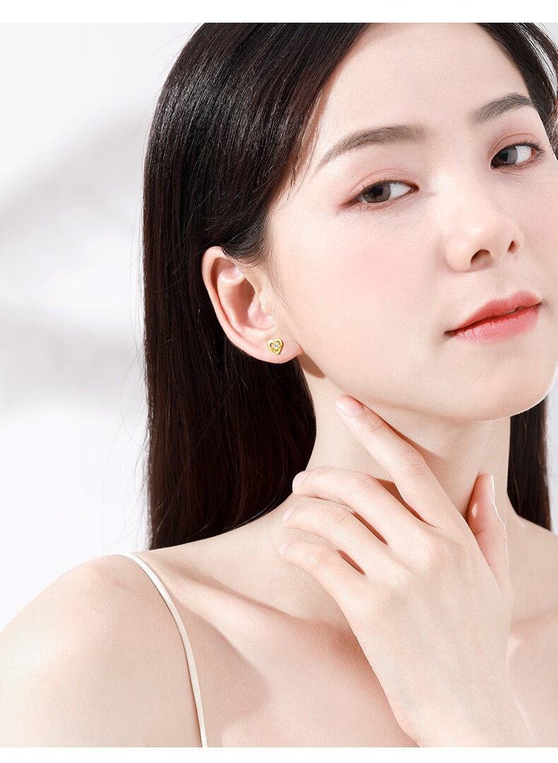 qingai黄金耳钉女款18k金镶钻石耳钉精致心形耳饰一对送女友生日礼物