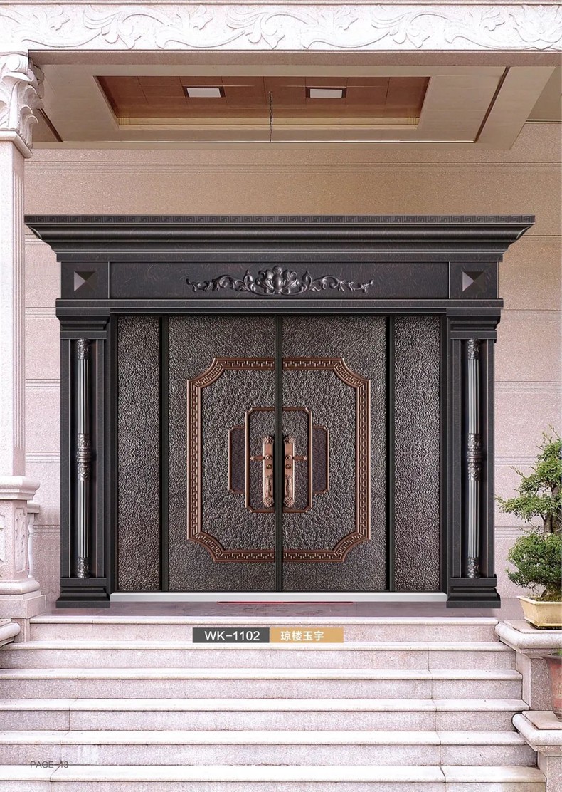 康富欧亚铸铝门别墅大门精雕铸铝双开门中式精品仿铜防爆户外防盗门
