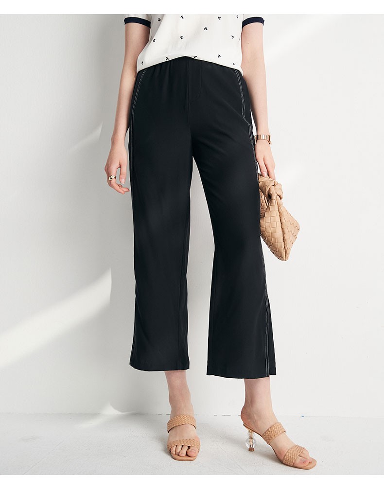 帕罗真丝显瘦休闲裤纠九分伦新品女士100桑蚕丝裤子es2101j黑色l