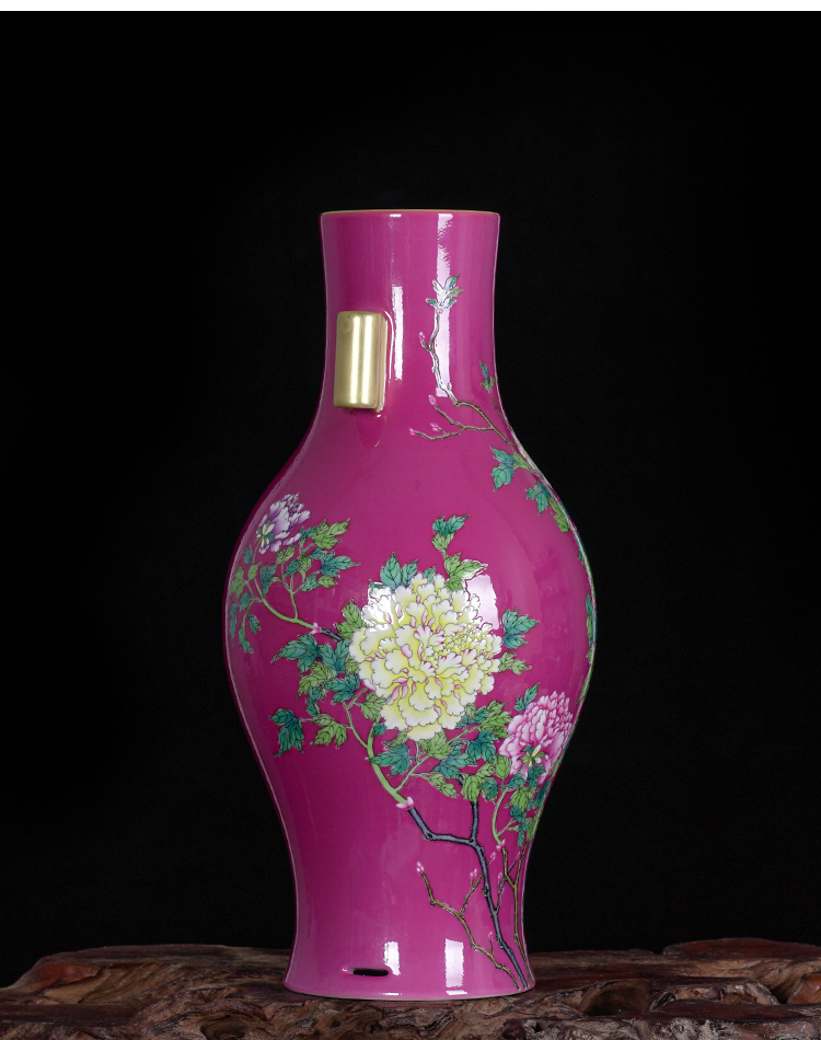 周胜堂手绘富贵牡丹双耳花瓶景德镇陶瓷器客厅现代工艺品插花器摆件