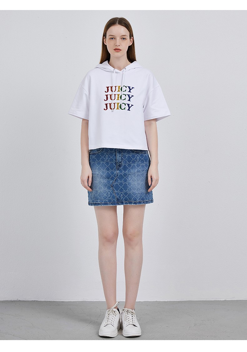 juicycouture橘滋女装t恤女短袖新款短款连帽上衣宽松薄款t恤女灰色s