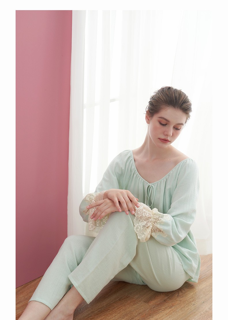 商场同款cabrida四季白色睡衣女法式蕾丝花边clw4b820ab1纯棉双层家居