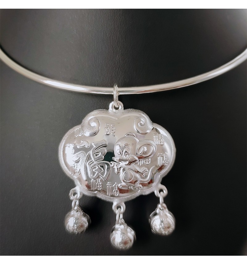 百氏银诚0到8岁999足银宝宝银项圈生肖属猪鼠儿童小孩银项圈 银项圈