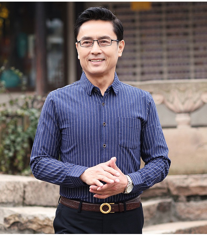 俞兆林纯棉中年男士长袖衬衫爸爸秋装上衣中老年人休闲条纹衬衣男春