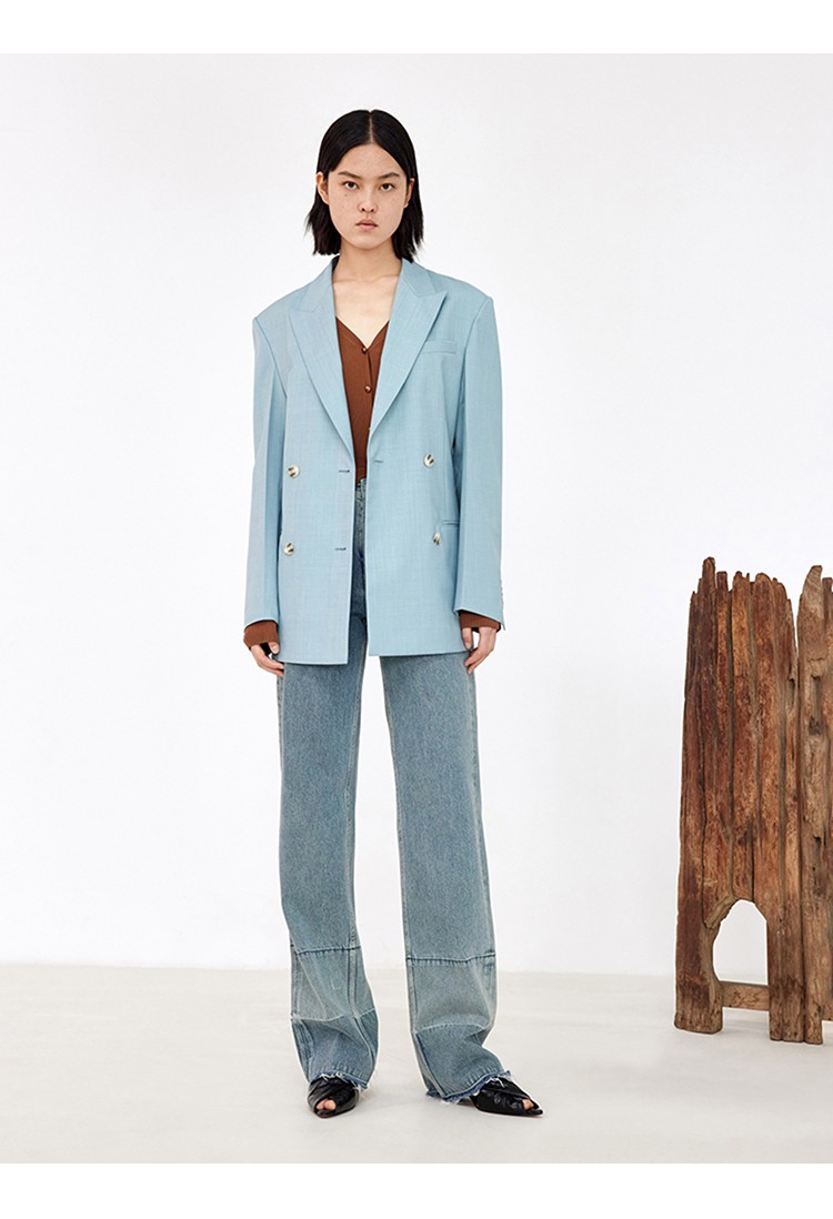 edition西装外套女羊毛精纺宽肩廓形休闲西服蓝色西装日落蓝色xl175