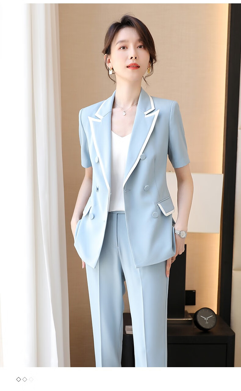 职业西装套装女士夏季短袖上衣时尚洋气工装西服裤套工作服浅蓝西装