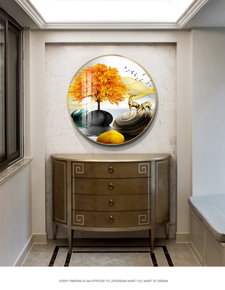 奥瀚新中式玄关装饰画圆形走廊入户过道餐厅墙面壁画现代山水茶室挂画