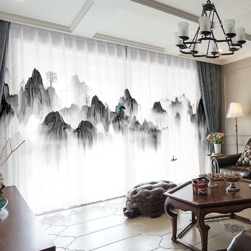 萱诗蔓(xursemon)新中式窗帘山水水墨画窗纱帘别墅客厅卧室阳台茶室