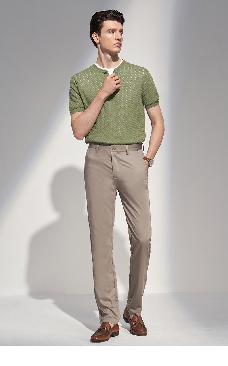 诺丁山男装春夏新品商务休闲豆绿色网眼亚麻短袖t恤nf650652绿色65a